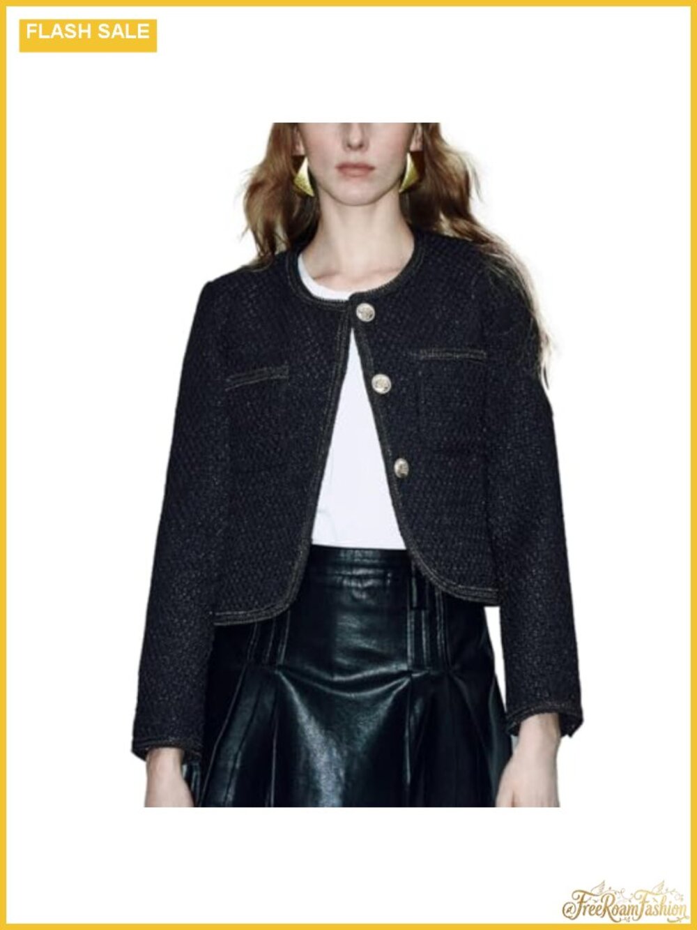 Cropped Tweed Blazer Loose Fit Long Sleeve Button Down Work Office Jacket